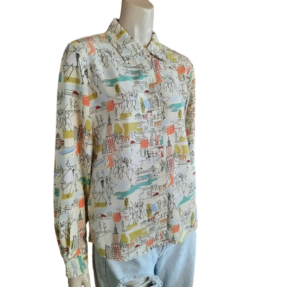 VINTAGE 90s Top Size Small Dancing Stick Figures and City Print Whimsical - Picture 2 of 9